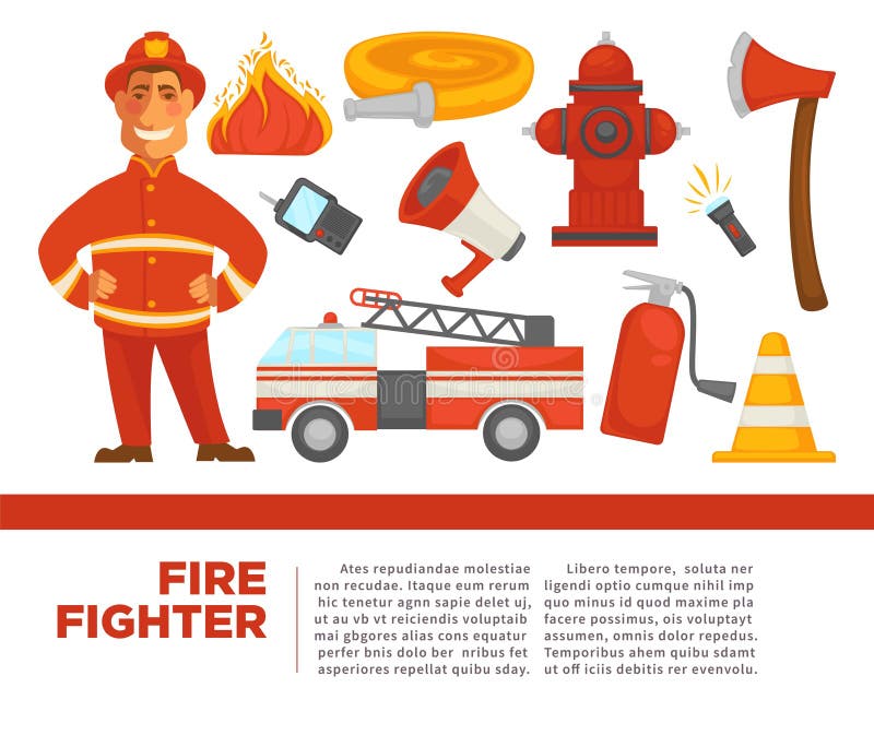 Feuerwehrmann mit Arbeitsmittel auf förderndem Plakat lizenzfreie abbildung Feuerwehrmann mit Arbeitsmittel auf förderndem Plakat lizenzfreie abbildung