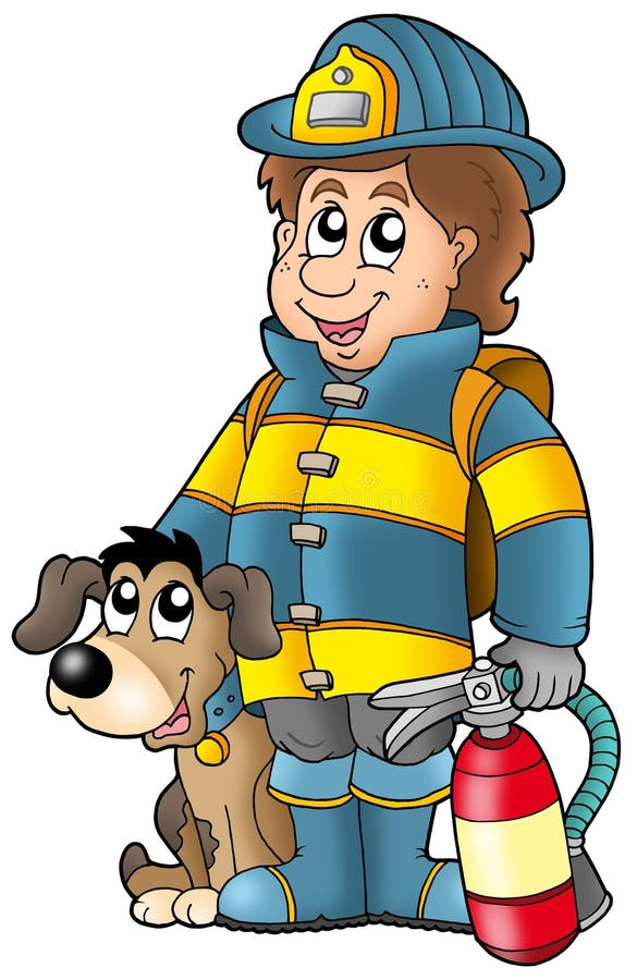 Feuerwehrmann mit Hund vektor abbildung. Illustration von