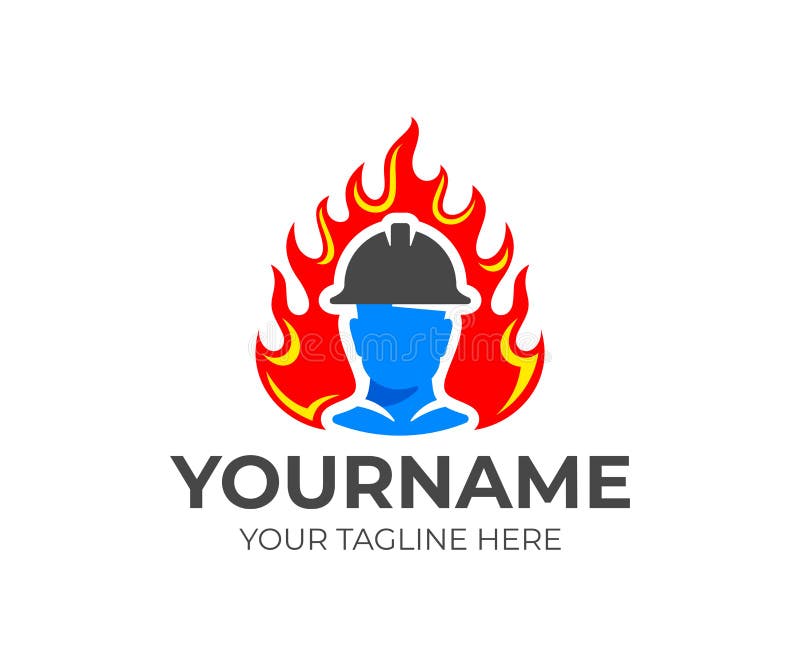 Feuerwehrmann oder Feuerwehrmann im Sturzhelm kommt Flamme oder aus Feuer, Logoentwurf heraus Feuerbekämpfung und Feuerwehr, Vekt vektor abbildung Feuerwehrmann oder Feuerwehrmann im Sturzhelm kommt Flamme oder aus Feuer, Logoentwurf heraus Feuerbekämpfung und Feuerwehr, Vekt vektor abbildung