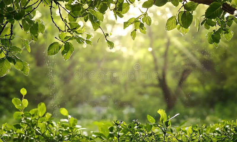 Feuillage vert luxuriant baigné de soleil. Feuilles et branches fraîches et vibrantes dans un jardin illustration de vecteur