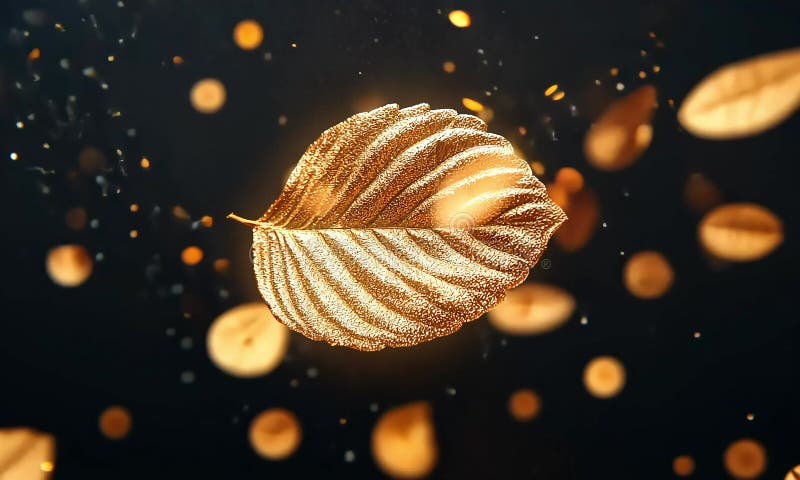 Feuille d'automne dorée tombant dans un fond sombre illustration stock