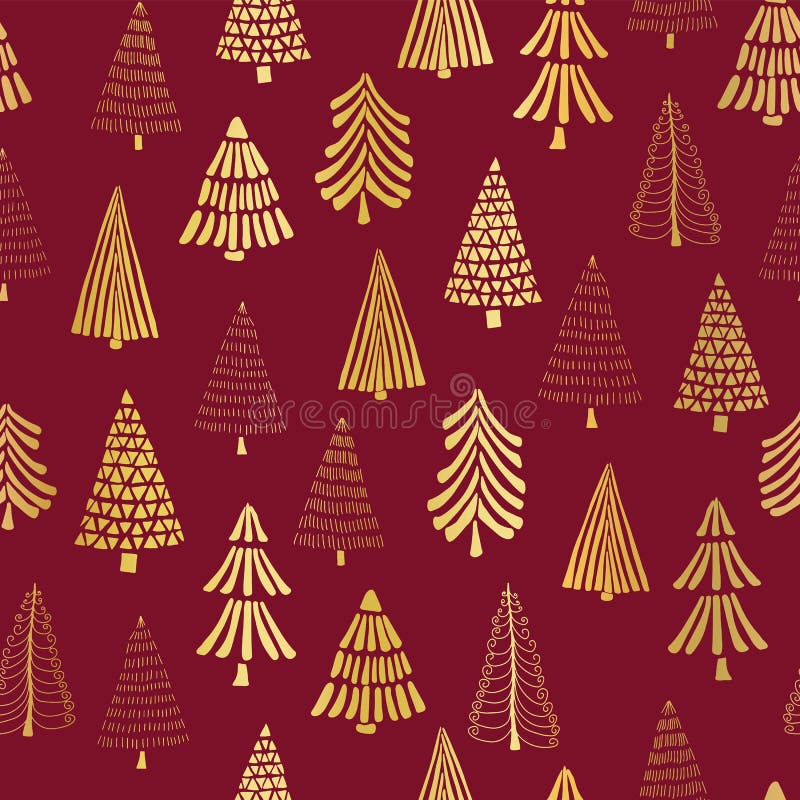 Feuille d'or tirée par la main d'arbres de Noël sur le fond sans couture rouge de modèle de vecteur Arbres d'or brillants métalli illustration libre de droits Feuille d'or tirée par la main d'arbres de Noël sur le fond sans couture rouge de modèle de vecteur Arbres d'or brillants métalli illustration libre de droits