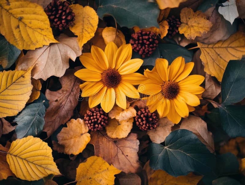 Feuilles d'automne avec fleurs jaunes embrasser les saisons beauté une symphonie colorée de natures art illustration libre de droits