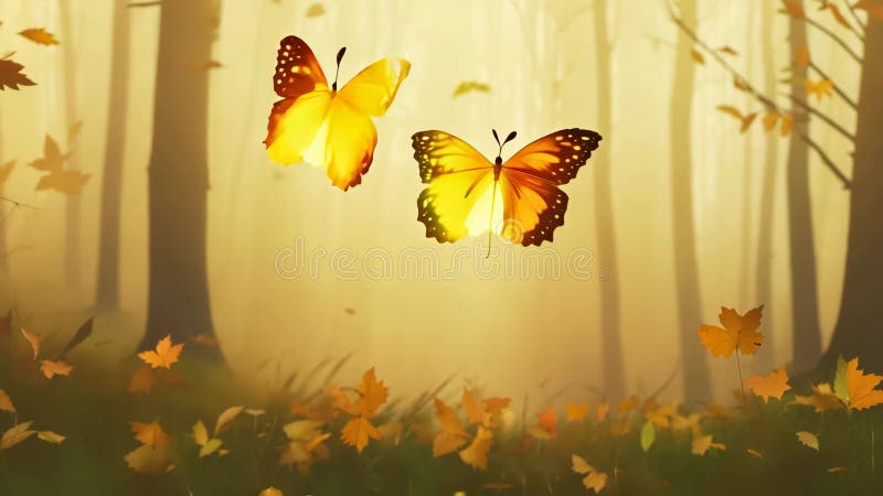Feuilles d'automne doré tombant doucement dans une forêt brumeuse avec un éclairage doux et chaud et une atmosphère tranquille 4k illustration stock