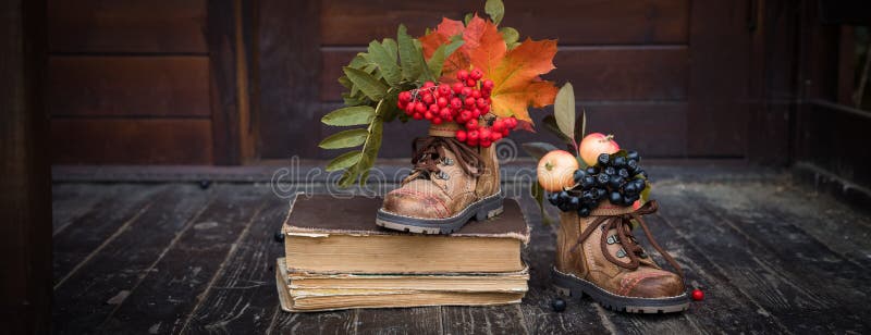 Feuilles d'érable colorées d'automne, framboises, pommes en vieilles bottes en cuir avec livres, concept de retour à l'école image stock Feuilles d'érable colorées d'automne, framboises, pommes en vieilles bottes en cuir avec livres, concept de retour à l'école image stock