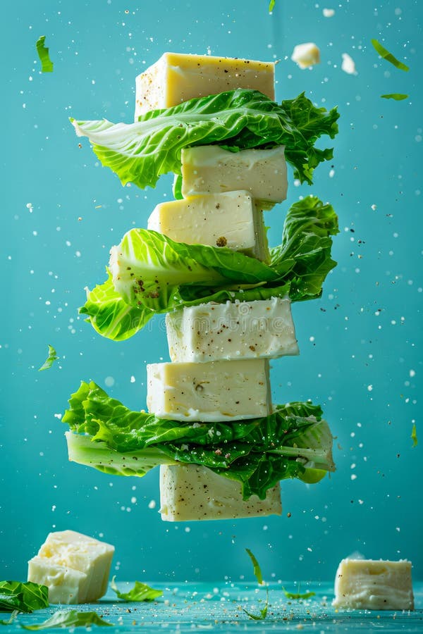 Feuilles de féta frais et de laitue lévitant sur fond bleu en mouvement dynamique avec gouttes d'eau. Fromage feta frais et feuilles de laitue lévitant sur fond bleu en mouvement dynamique avec gouttes d'eau ai génératif