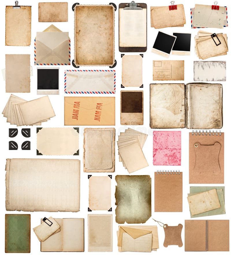 Feuilles de papier âgées, livres, pages et vieilles cartes postales d'isolement sur le wh image libre de droits Feuilles de papier âgées, livres, pages et vieilles cartes postales d'isolement sur le wh image libre de droits