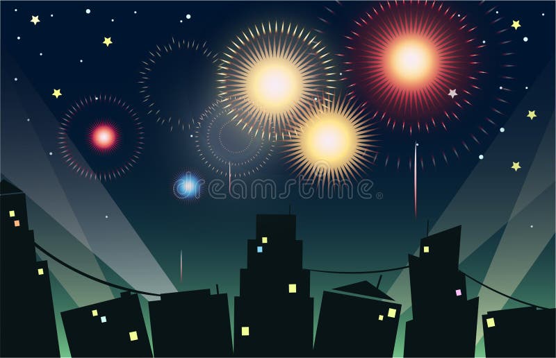 Feux d'artifice dans la ville illustration de vecteur Feux d'artifice dans la ville illustration de vecteur