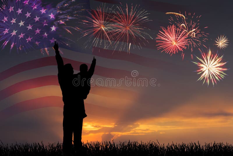 Feux d'artifice et drapeau de l'Amérique images stock Feux d'artifice et drapeau de l'Amérique images stock