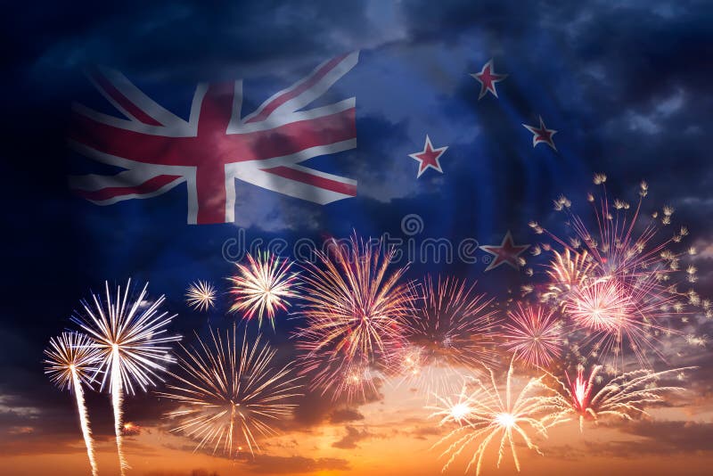 Feux d'artifice et drapeau du Nouvelle-Zélande images libres de droits Feux d'artifice et drapeau du Nouvelle-Zélande images libres de droits