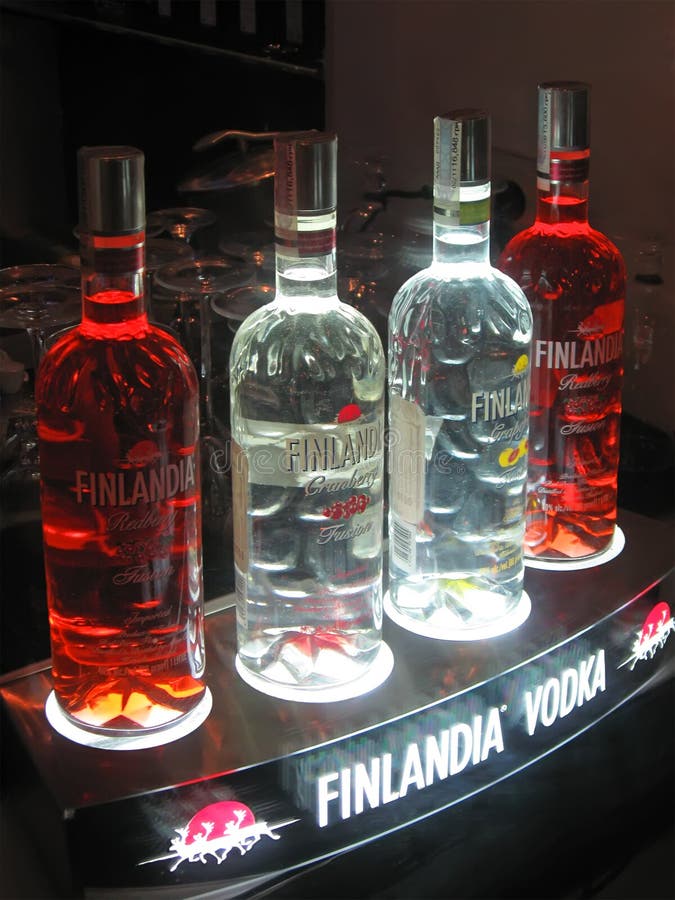 Alcohol Bottle of Transparent Vodka Finlandia Closeup with Led Power