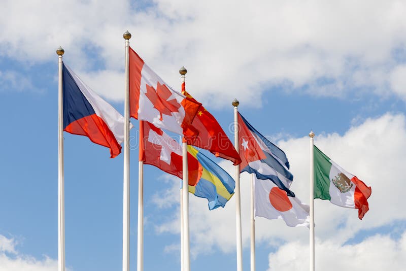 A Few Flags of Various Countries of the World Flutter in the Wind