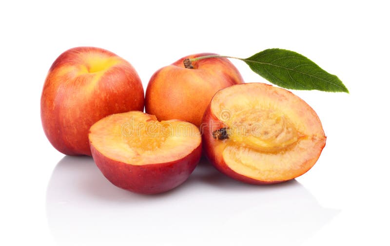 Few Sliced Nectarines with Leaf Isolated on White Stock Photo Image