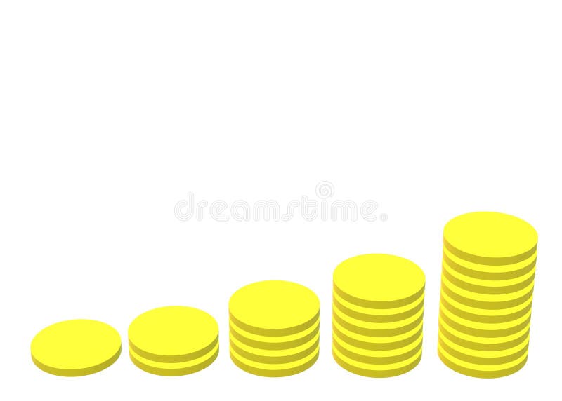 A few stacks of yellow coins showing increasing earnings or savings from left to right white backdrop vector illustration