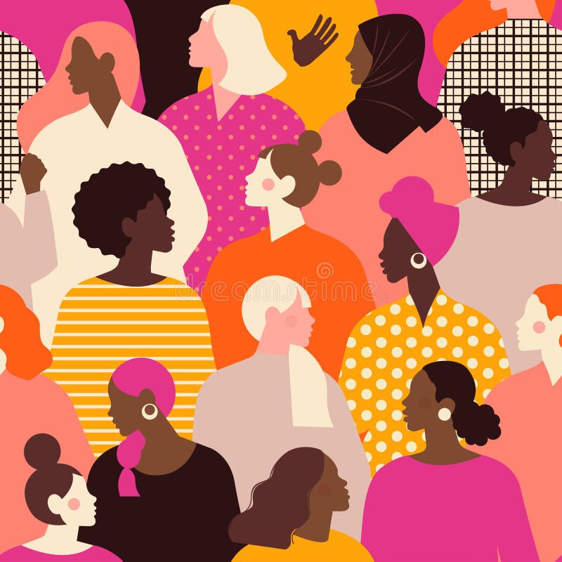 Fețe feminine diverse de etnie diferită, fără sudură. model de mișcare pentru emanciparea femeilor. femei internaționale stock illustration