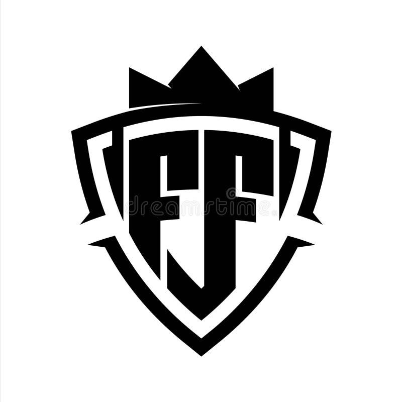 FF Letter bold monogram triangle curve shield shape with crown black and white background color design royalty free illustration
