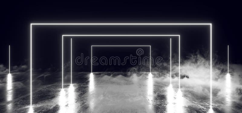 Smoke Neon Futursitic Background Sci Fi White Rectangle Frame Glowing Fluorescent Luminous Asphalt Grunge Concrete Floor Virtual Reality Empty Dark Tunnel Hall Garage 3D Rendering Illustration. Smoke Neon Futursitic Background Sci Fi White Rectangle Frame Glowing Fluorescent Luminous Asphalt Grunge Concrete Floor Virtual Reality Empty Dark Tunnel Hall Garage 3D Rendering Illustration.