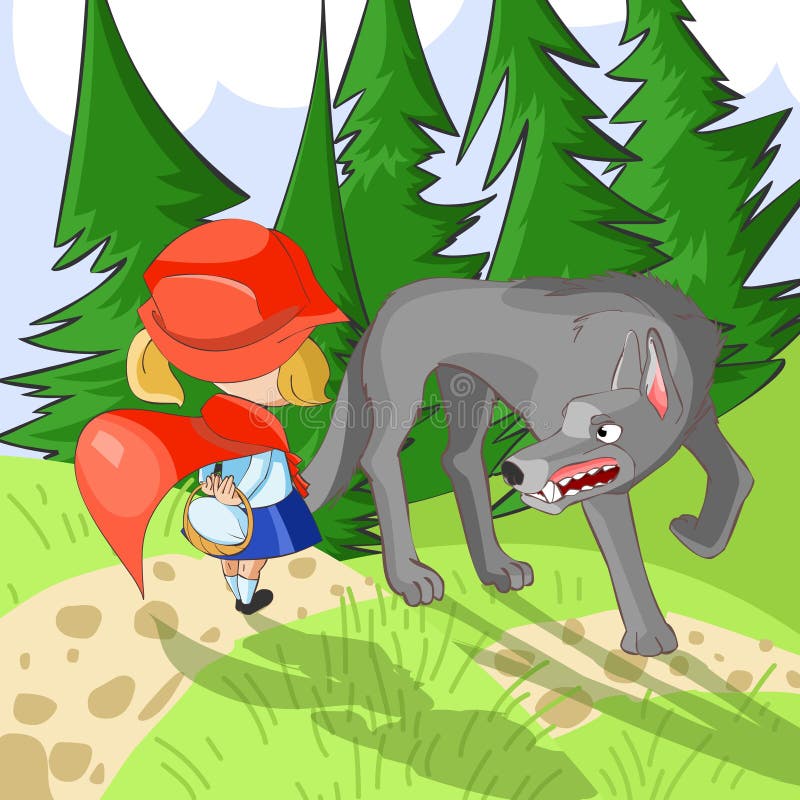 Illustration for tale Little red riding hood. Meeting with wolf in the forest. Illustration for tale Little red riding hood. Meeting with wolf in the forest.