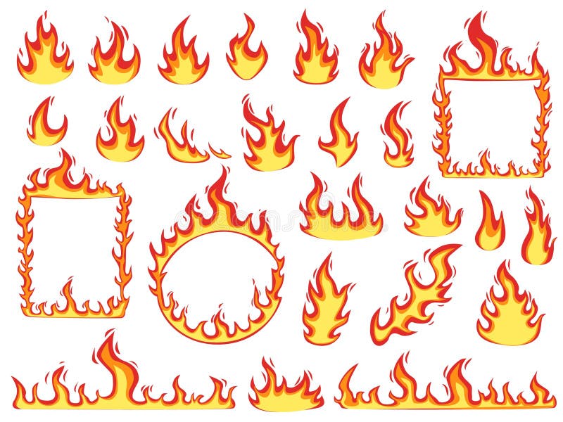 Fiamma di fuoco colorata con intelaiature e striscioni di fiamme. vignetta di vari tipi di fiamme grafica 'campfire burn' o 'hot s illustrazione di stock