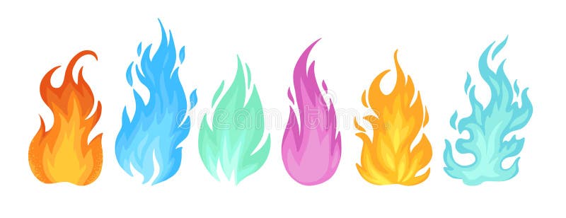 Fiamme colorate. fiamme a fuoco incendiate multicolore e fiamme colorate di fuoco piatte di un vettore impostato illustrazione vettoriale