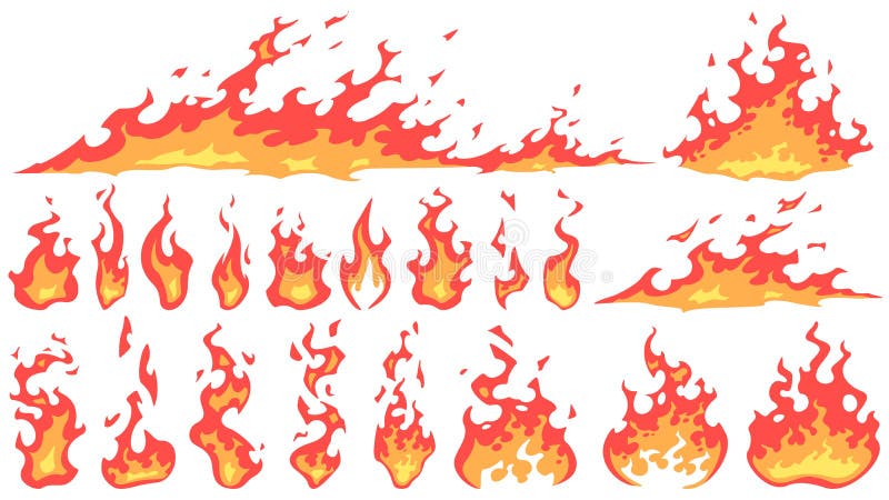 Fiamme da incendio di vignette Fiamma di fiamma, fuoco caldo rosso e silhouette vetrificate Effetto di bruciatura, pericoloso illustrazione di stock