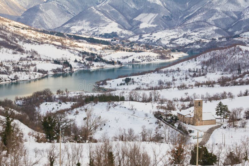 Fiastra lake with snow on the national park of Sibillini mountains