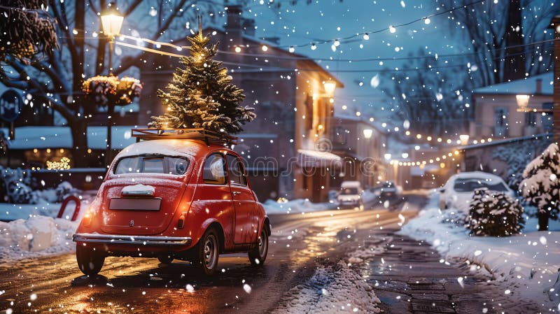 Fiato rosso con un albero di natale che guida in una strada europea di neve in atmosfera serale. Fiato rosso con albero di natale che guida per strada in un'atmosfera serale generata dall'ai
