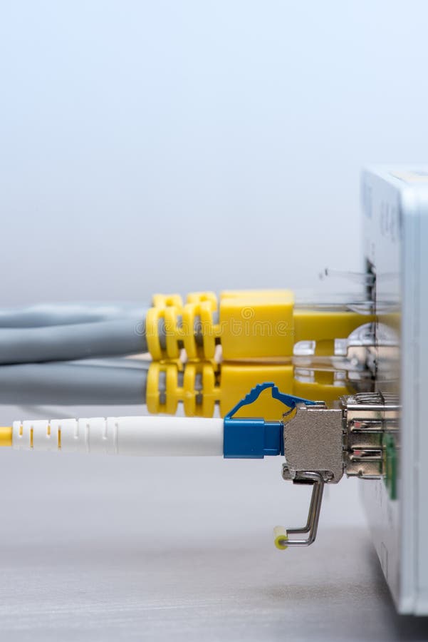 Fiber Optic Cable and Network Patch Cord Connect To the Switch Stock Image Image of