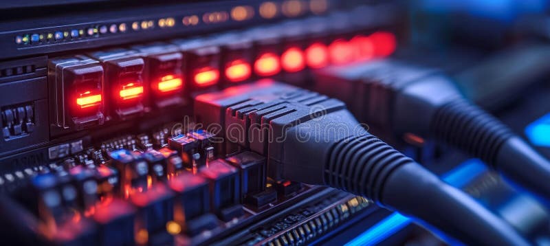 Fiber Optic Cables Connected to Network Server in Data Center. Network Technology Background. royalty free illustration