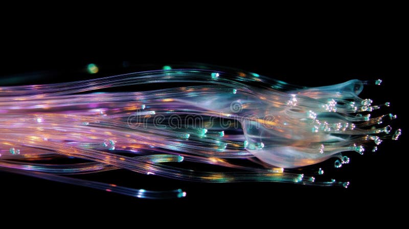 Fiber optic cables transmitting data with light beams on black background royalty free stock images