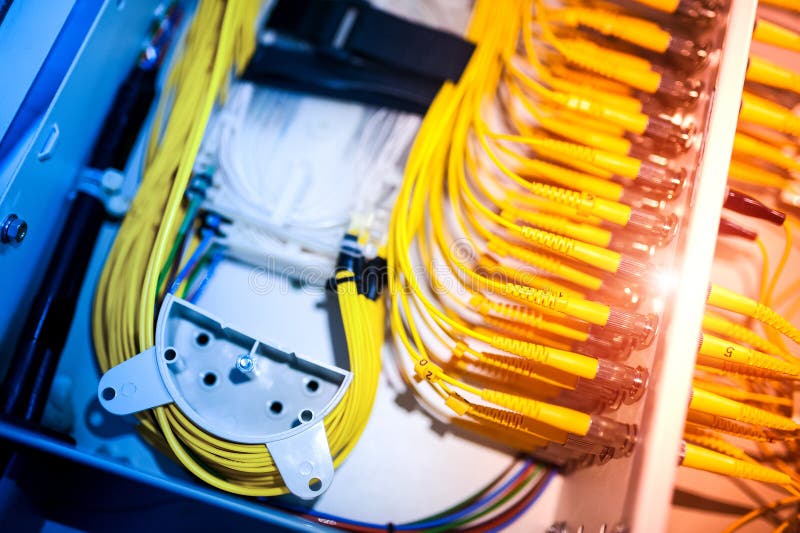 Fiber optic with servers in a technology data center stock images