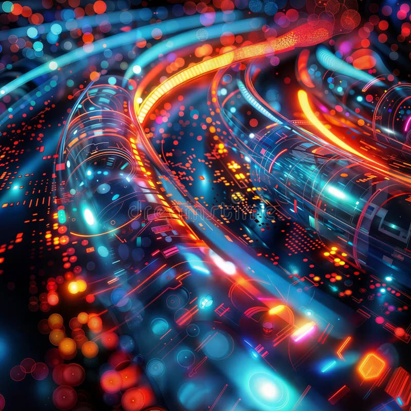 Fiber Optic Tech: Glowing Circuit Patterns, generative ai stock illustration
