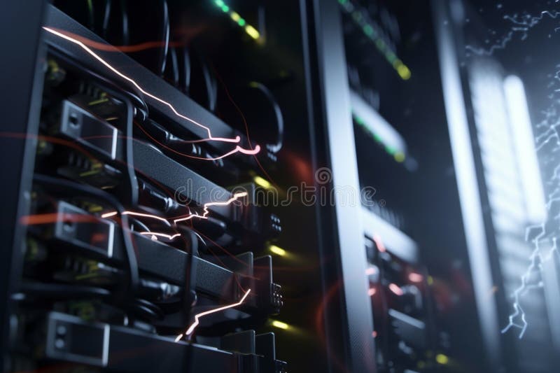 Fiber Optic Wires with LED Lights in Server Rack Stock Illustration