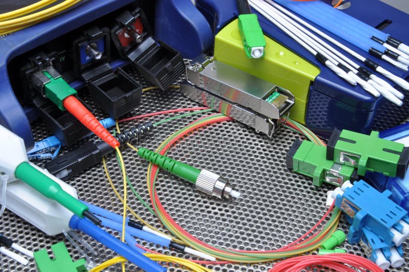 Fiber optical cables, cleaning and testing kit stock photography