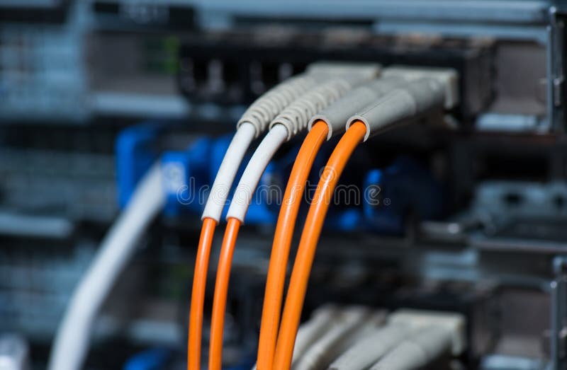 Fiber optical connections with servers stock photos