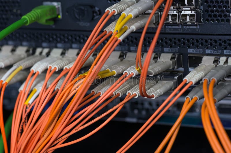 Fiber optical connections with servers stock photography