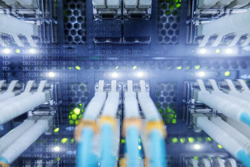 Supercomputer data center. Fiber Optical connector interface. multiple exposure. Information Technology Computer Network, Telecommunication Fiber Optical Cables Connected. blue light