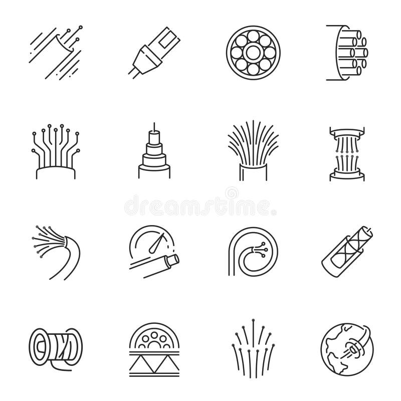 Fibre cable thin line icons set isolated on white. Electrical wires pictograms collection. Conductors, bare cord, insulation, flexible equipment vector elements for infographic, web.