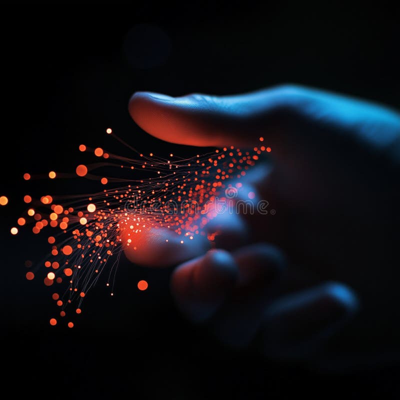 Fibră optică cu atingeri manuale cu lumină roșie și albastră în întuneric stock photos