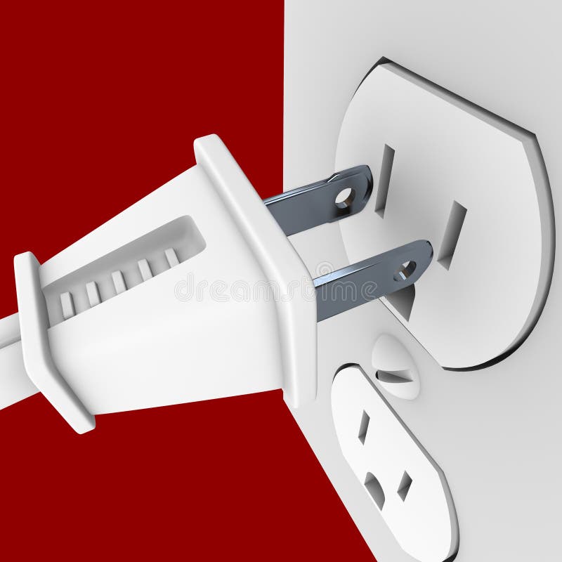 A white electrical power cord about to plug into a wall outlet. A white electrical power cord about to plug into a wall outlet