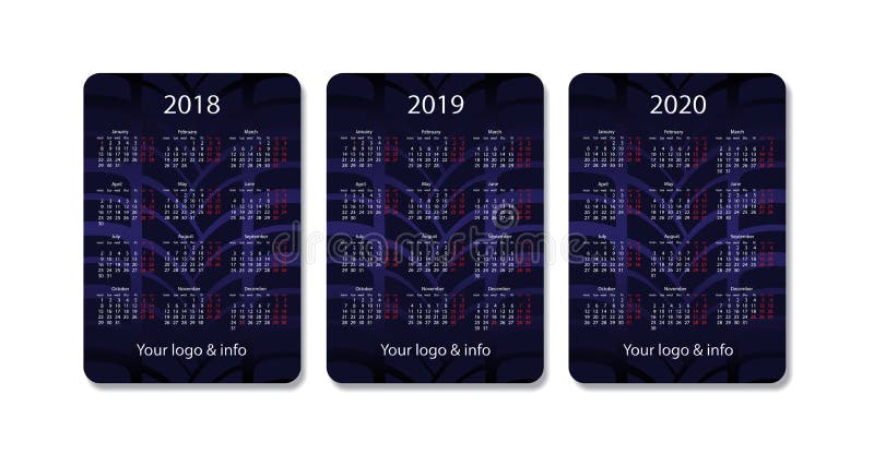 Fick- kalenderuppsättning för vektor 2018, 2019 och 2020 år Blå designmall vektor illustrationer Fick- kalenderuppsättning för vektor 2018, 2019 och 2020 år Blå designmall vektor illustrationer