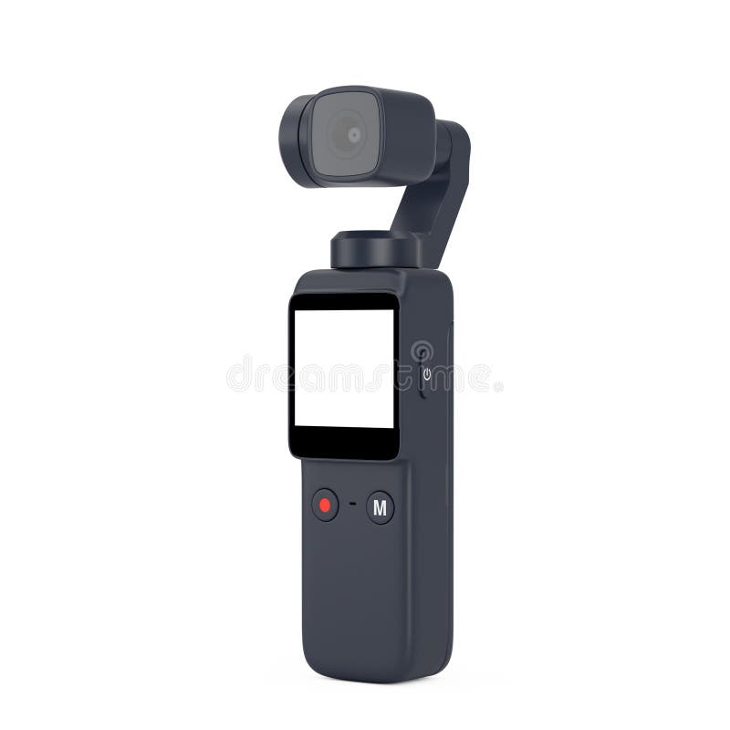 Fickhandhållen gimbal action kamera 3d rendering. Fickhandhållen gimbal-akkamera på vit bakgrund 3d-rendering