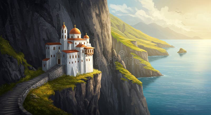 A fictional Mediterranean-style monastery perches on a rocky cliff, overlooking a vector illustration
