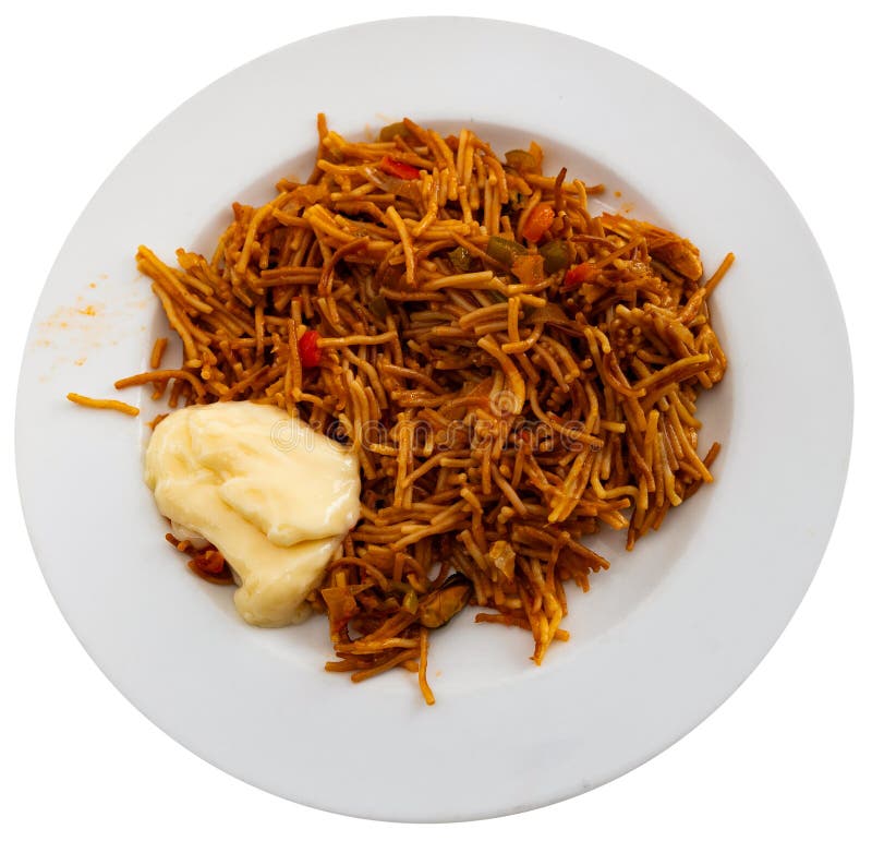 Fideua with seafood served on platter stock photography