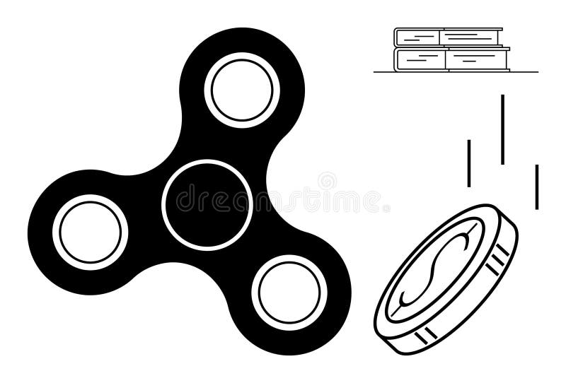 Fidget Spinner, Coin Flip, and Stacked Books Representing Play, Decision-Making, and Knowledge stock illustration