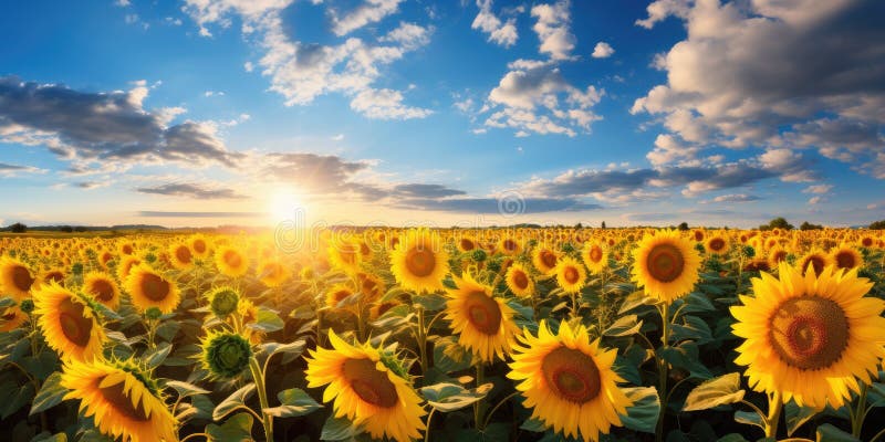 field of blooming sunflowers on background sunset. Generative AI