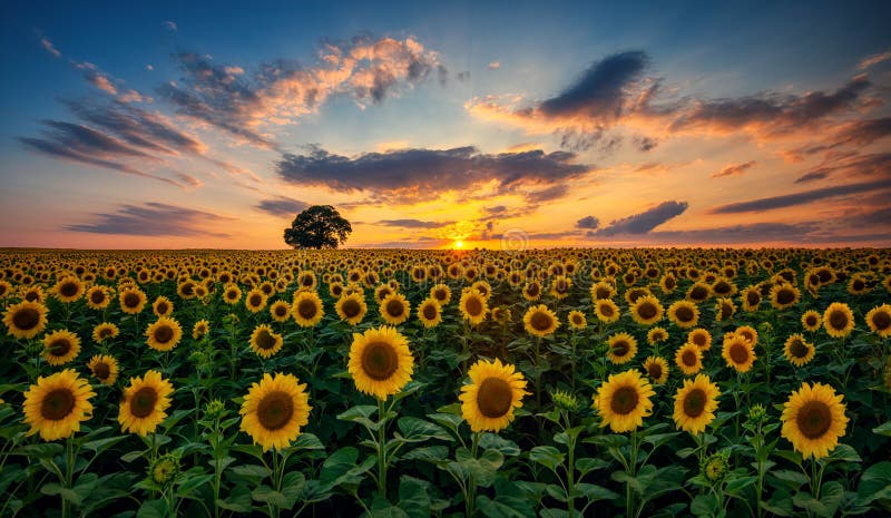 Field of blooming sunflowers and tree on a background sunset