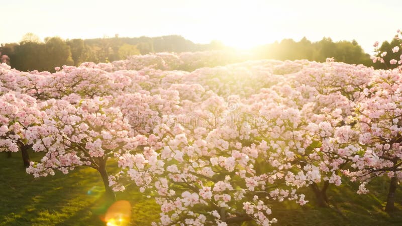 A field of cherry blossom trees in full bloom, bathed in the golden light of a setting sun stock illustration