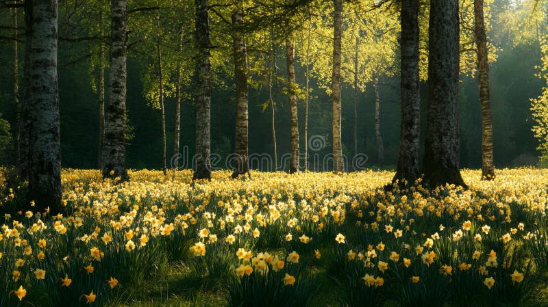 A field of daffodils blooming in a forest with sunbeams shining through the trees royalty free illustration