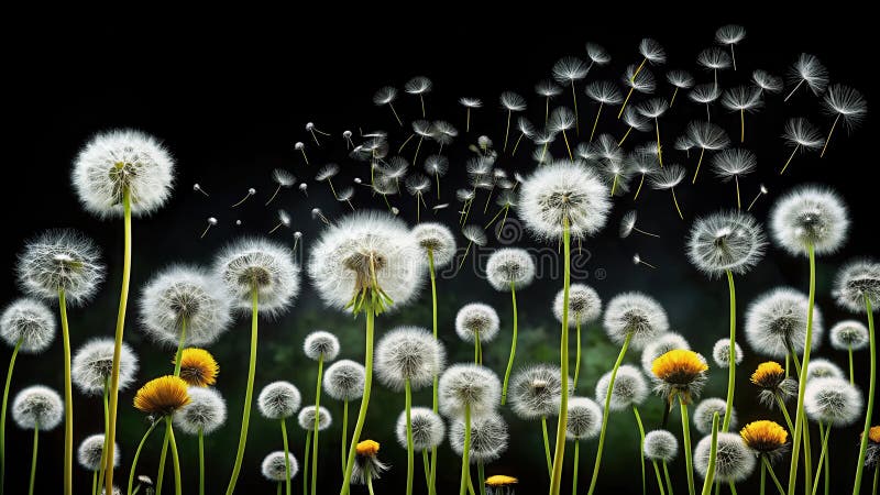 A field of dandelions with seeds blowing in the wind on a dark background. Generative AI royalty free illustration
